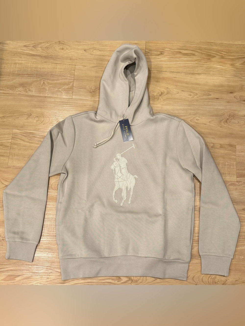 Polo Ralph Lauren Men’s Double Knit Stitched Leather Big Pony Hoodie Beige M-XXL